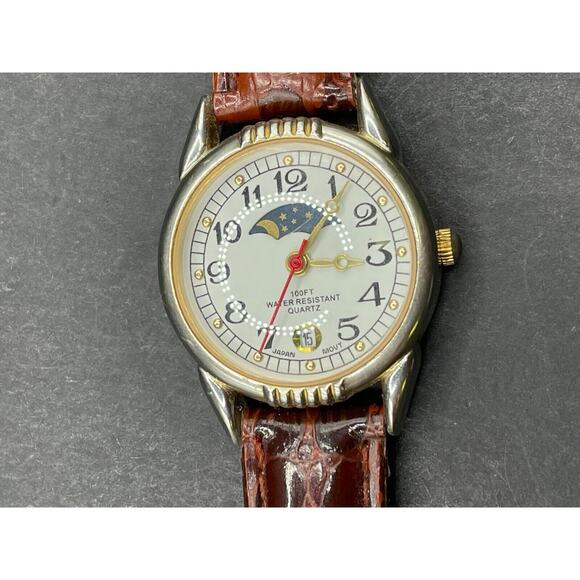 Vintage Advance Moon Phase Watch Women’s Silver And Gold Tone Brown Leather Band main image 11